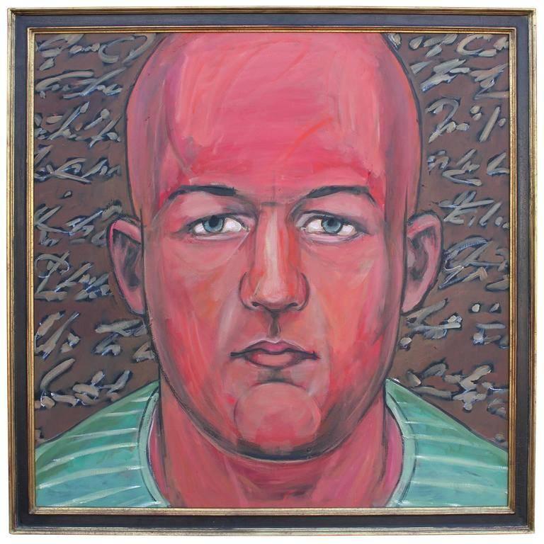 Patrick Palmer Portrait Painting - Abstract Portrait of a Man in Green Striped Shirt with Red Skin