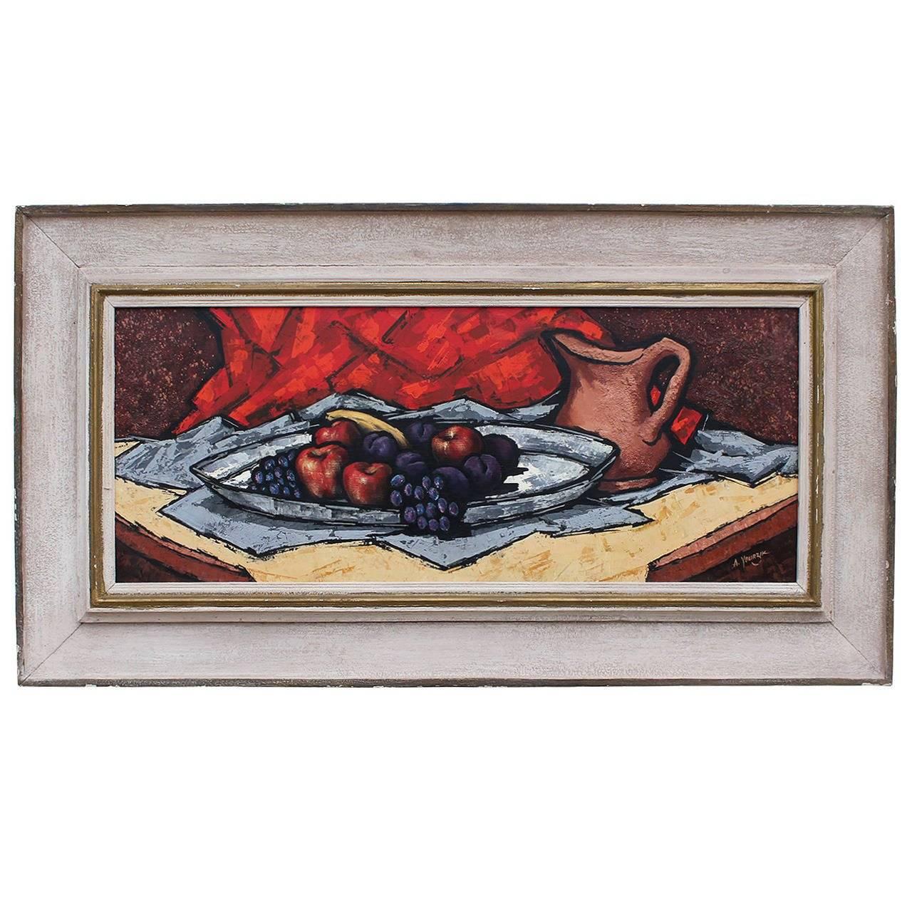 Arthur Yourzik Still-Life Painting - "The Yellow Tablecloth"- Texas Abstract Still Life of Fruits and Pitcher