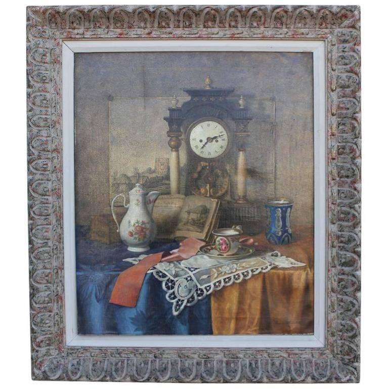 Franz Krischke Still-Life Painting - Still Life with Clock, Teapot, Teacup, and Book