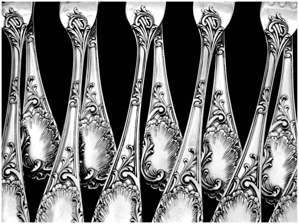 Puiforcat French sterling silver dessert/Entremet flatware set of 12 pc Rococo 

Handles have fantastic decoration in the Rococo style. Model called 