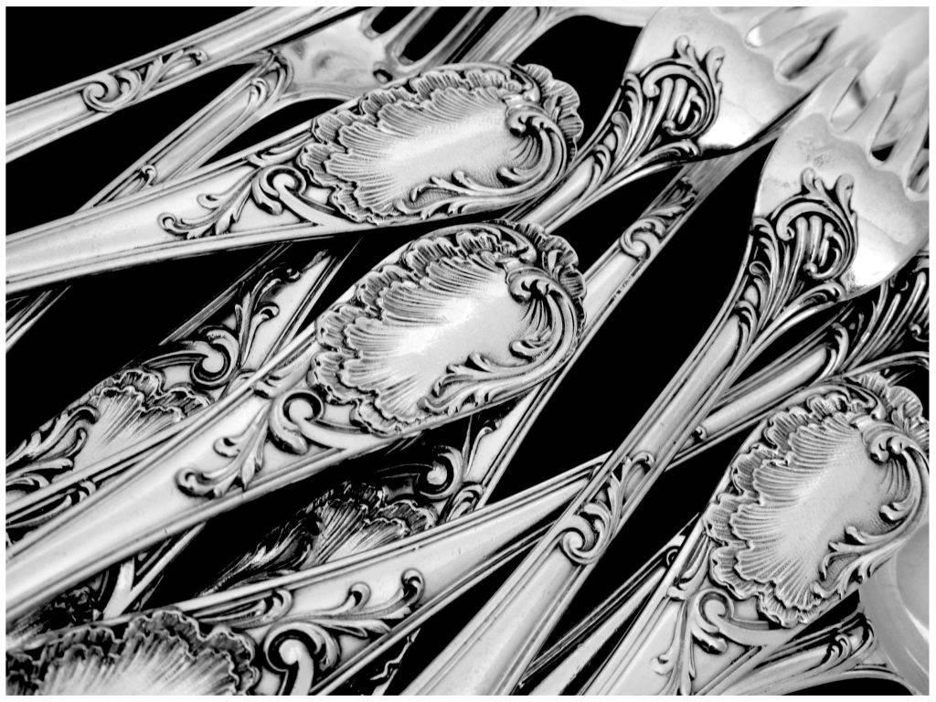 Late 19th Century Puiforcat French Sterling Silver Dessert/Entremet Flatware Set of 12 Pc Rococo