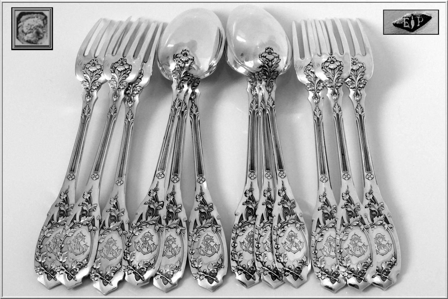 Late 19th Century Puiforcat Rare French Sterling Silver Dinner Flatware Set 12 Pc Moderne Model