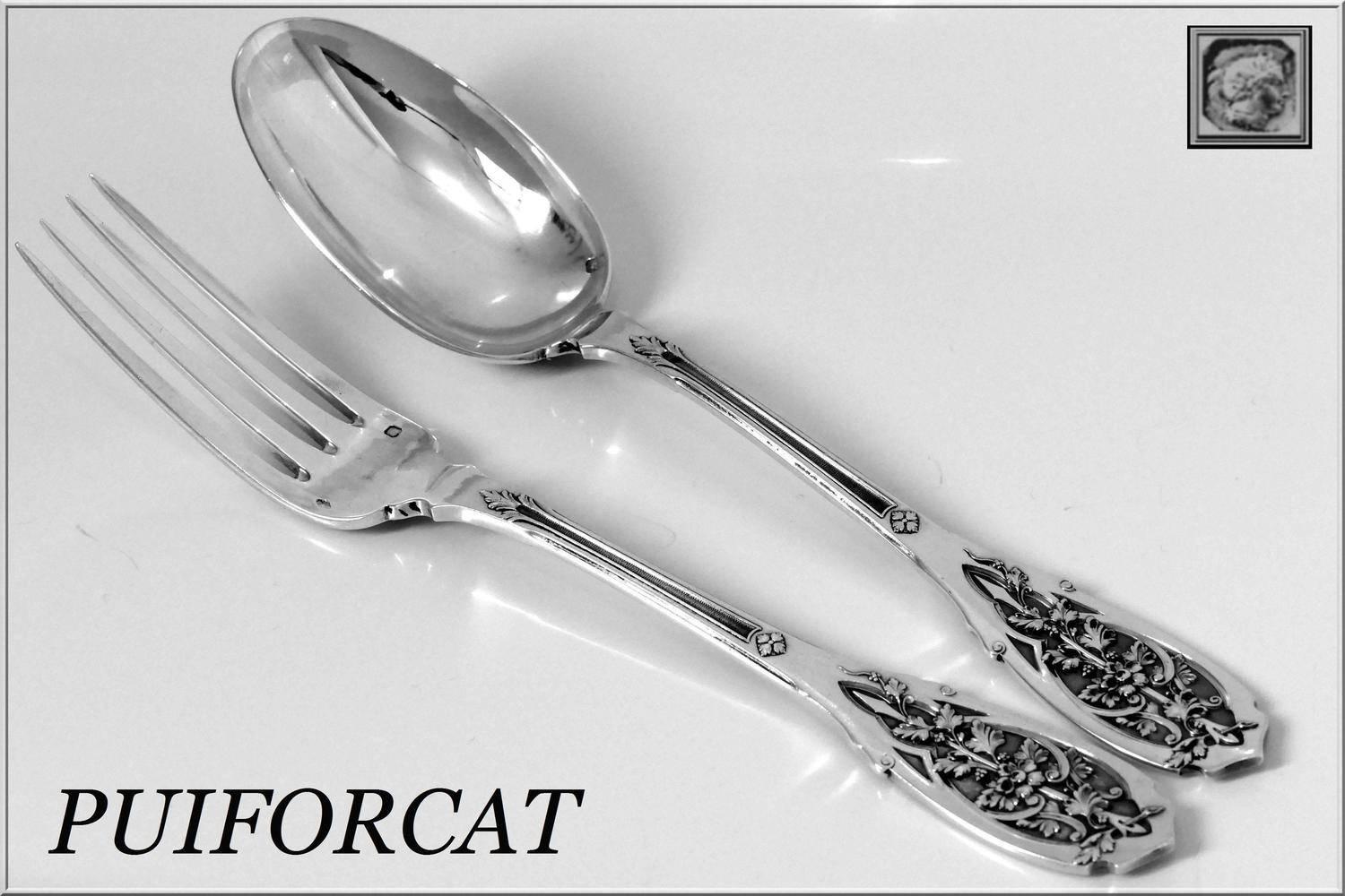 Puiforcat Rare French Sterling Silver Dinner Flatware Set 12 Pc Moderne Model 5