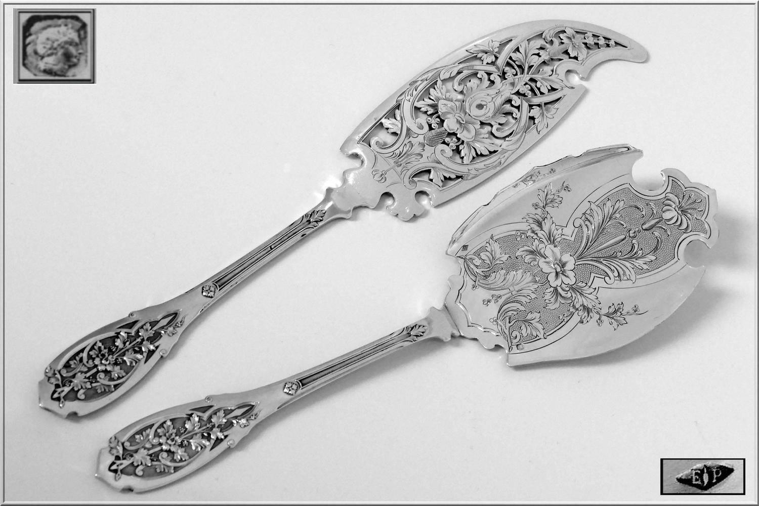 Head of minerve 1st titre for 950/1000 French sterling silver guarantee.

The design and workmanship of this set is exceptional. Absolutely gorgeous ice cream set, flowers, vine leaves, bunch of grapes and foliage. Sophisticated and unusual Art