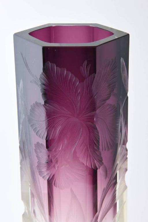 Important Large Art Nouveau Moser Clear to Amethyst Hand Cut Iris Vase