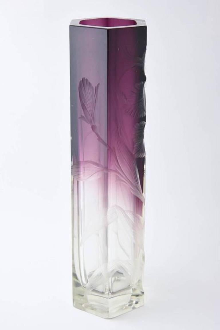 Important Large Art Nouveau Moser Clear to Amethyst Hand Cut Iris Vase In Excellent Condition In Miami Beach, FL