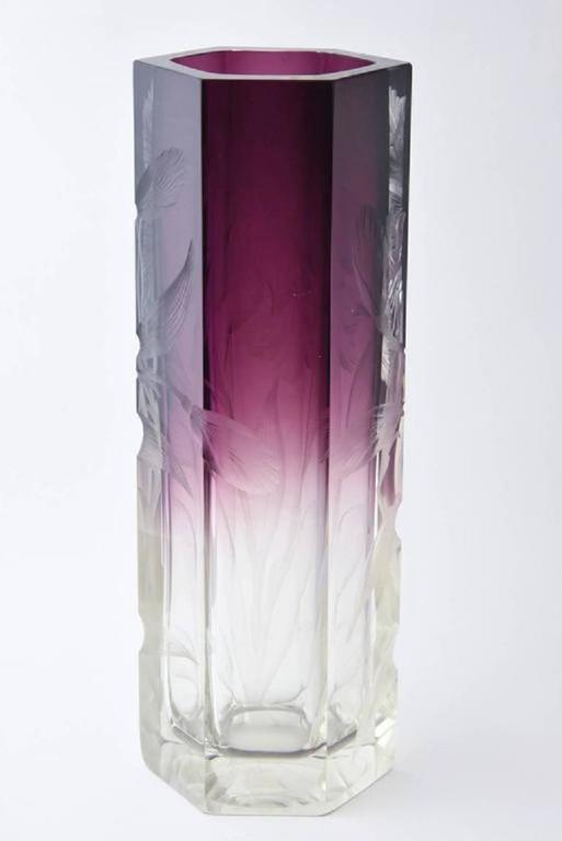 Important Large Art Nouveau Moser Clear to Amethyst Hand Cut Iris Vase