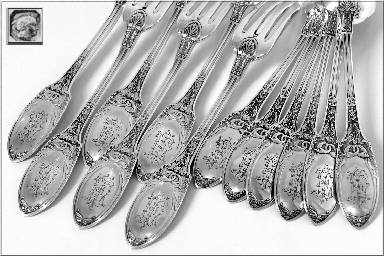 Early 20th Century Combeau Rare French Sterling Silver Dinner Flatware Set 12 Piece Empire, Swans