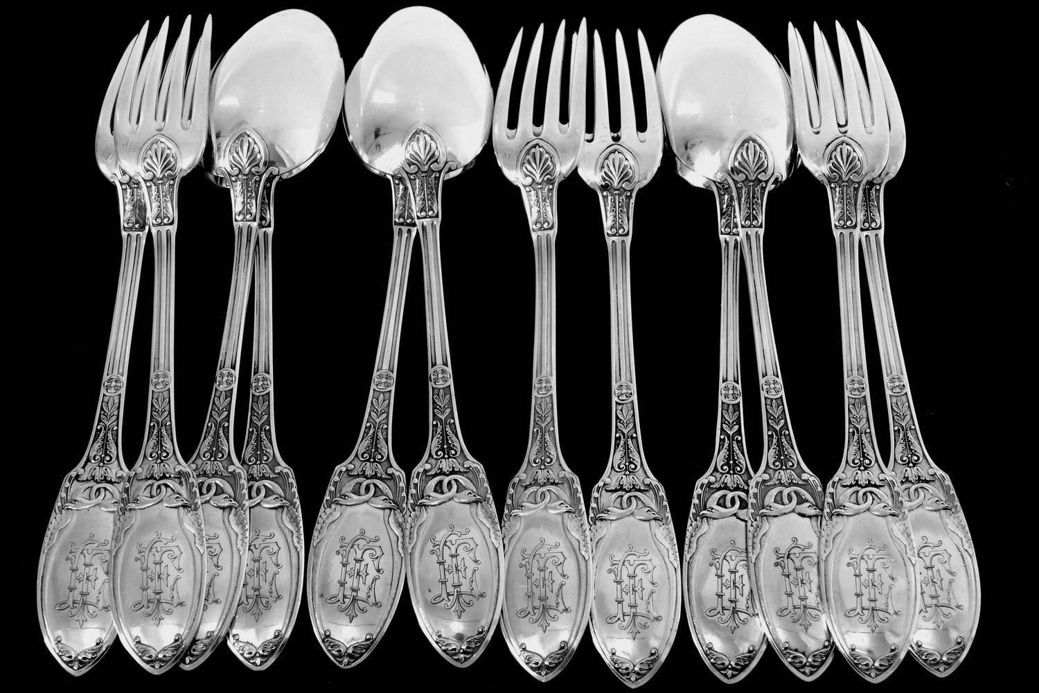 Combeau Rare French Sterling Silver Dinner Flatware Set 12 Piece Empire, Swans 2