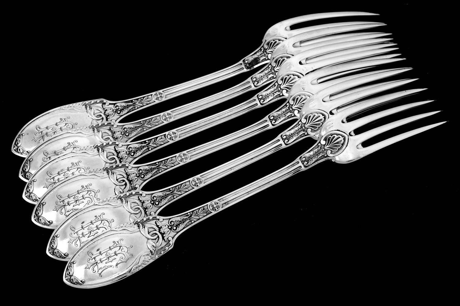 Combeau Rare French Sterling Silver Dinner Flatware Set 12 Piece Empire, Swans 3
