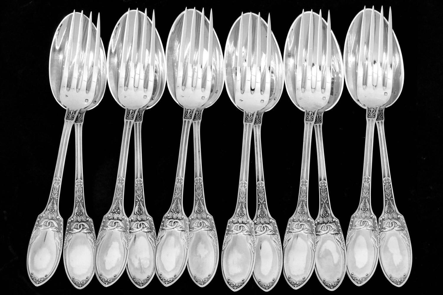 Combeau Rare French Sterling Silver Dinner Flatware Set 12 Piece Empire, Swans 4