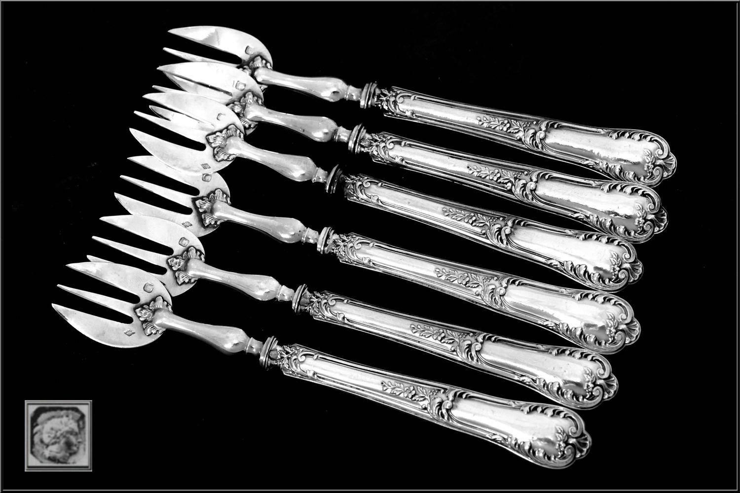 Rococo Coignet Antique French All Sterling Silver Oyster Forks Original Box