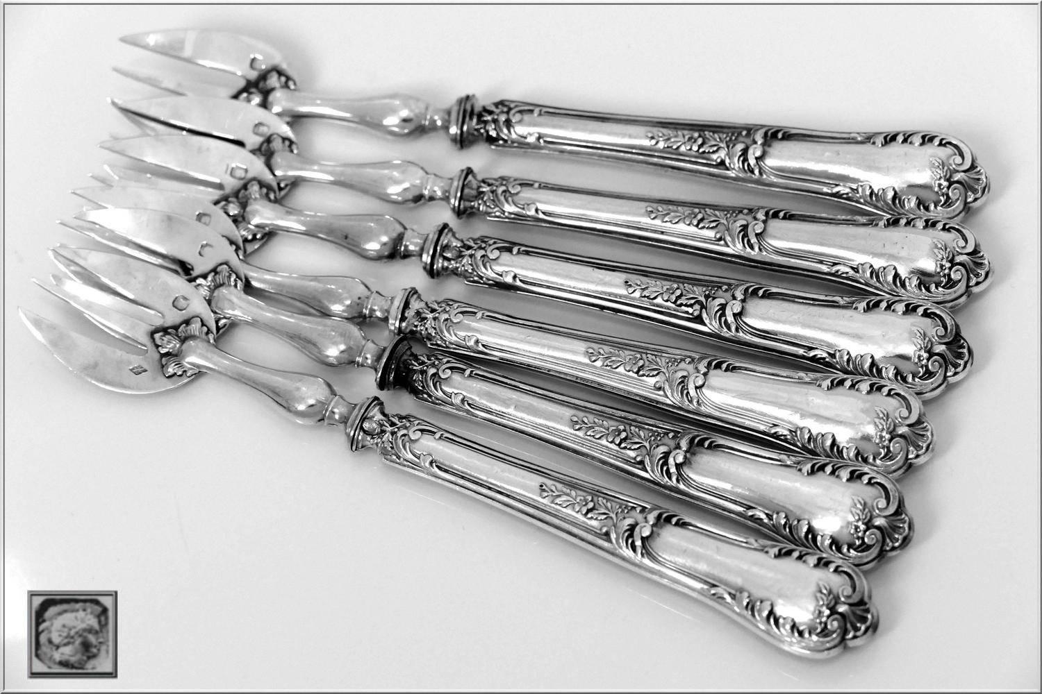 Late 19th Century Coignet Antique French All Sterling Silver Oyster Forks Original Box