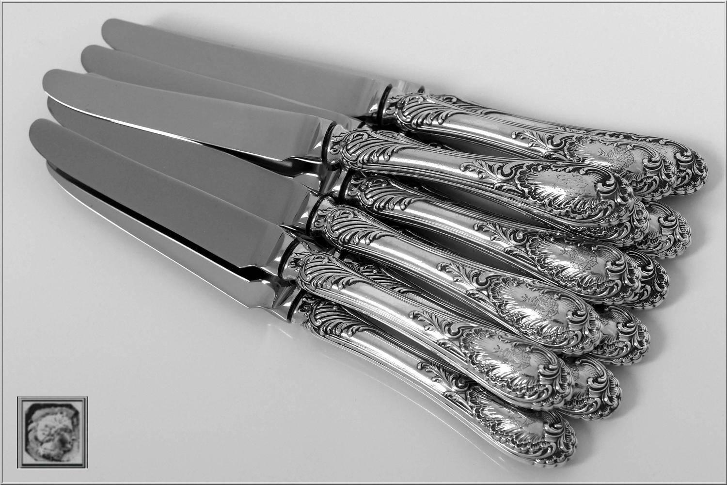 Puiforcat French Sterling Silver dessert knife set 12 pc, new stainless blades.

Rococo handles have fantastic decoration in the Rococo style. Model called 