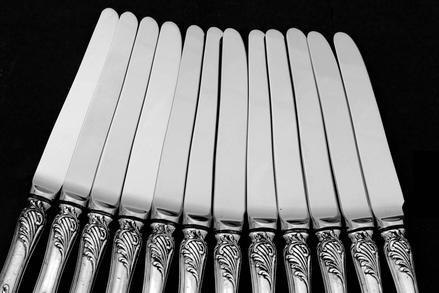 Rococo Puiforcat French Sterling Silver Dessert Knife Set 12 Pc, New Stainless Blades