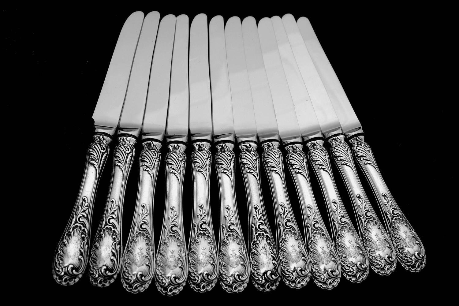 Puiforcat French Sterling Silver Dessert Knife Set 12 Pc, New Stainless Blades In Excellent Condition In TRIAIZE, PAYS DE LOIRE