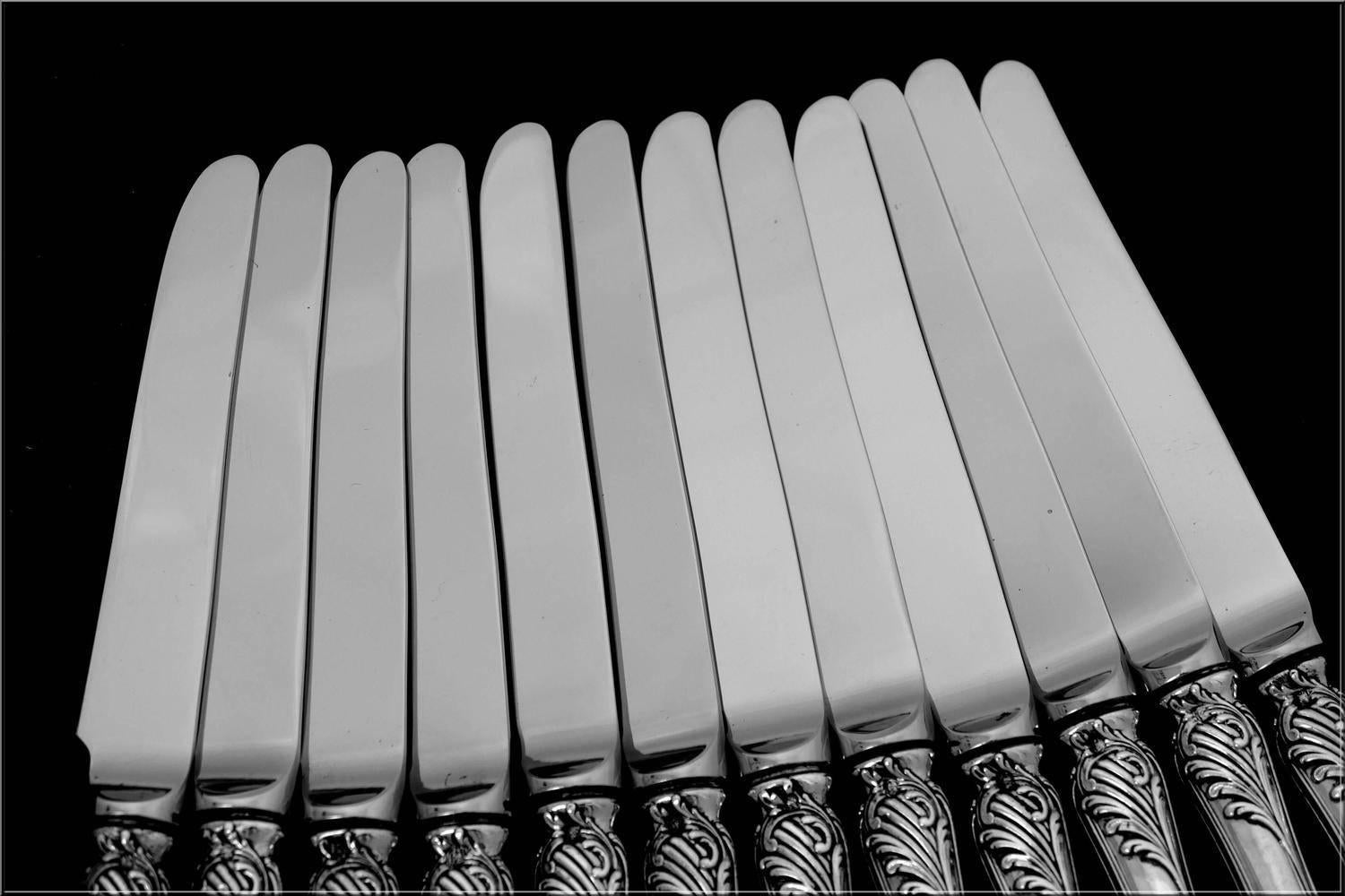 Late 19th Century Puiforcat French Sterling Silver Dessert Knife Set 12 Pc, New Stainless Blades