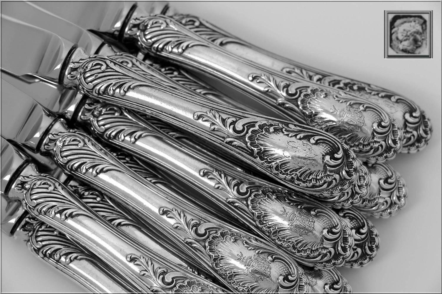 Puiforcat French Sterling Silver Dessert Knife Set 12 Pc, New Stainless Blades 3