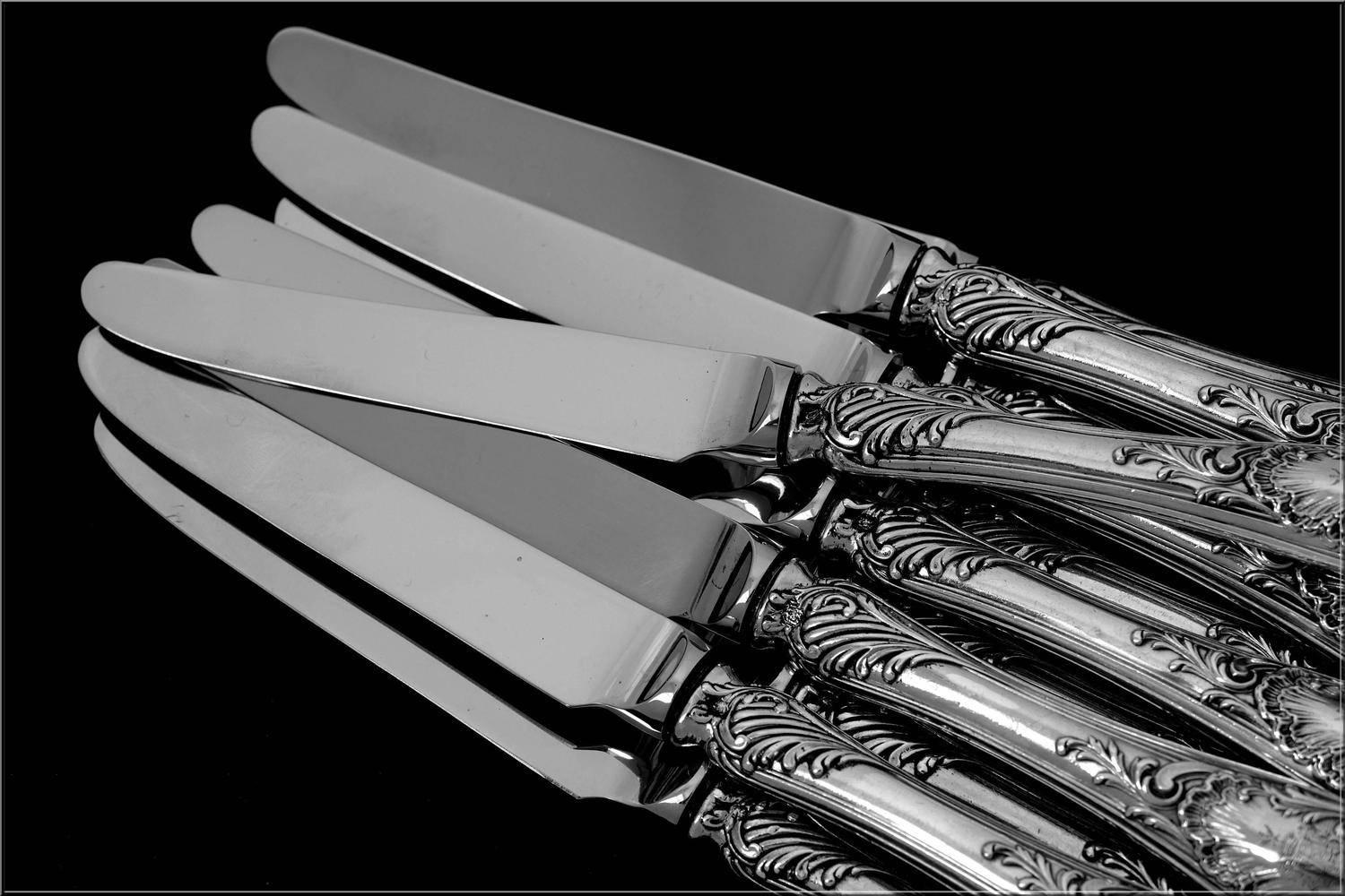 Puiforcat French Sterling Silver Dessert Knife Set 12 Pc, New Stainless Blades 4