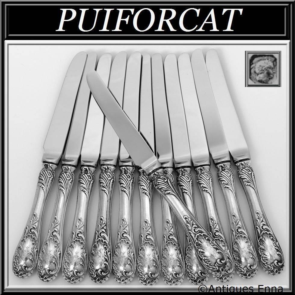 Puiforcat French Sterling Silver Dessert Knife Set 12 Pc, New Stainless Blades 5