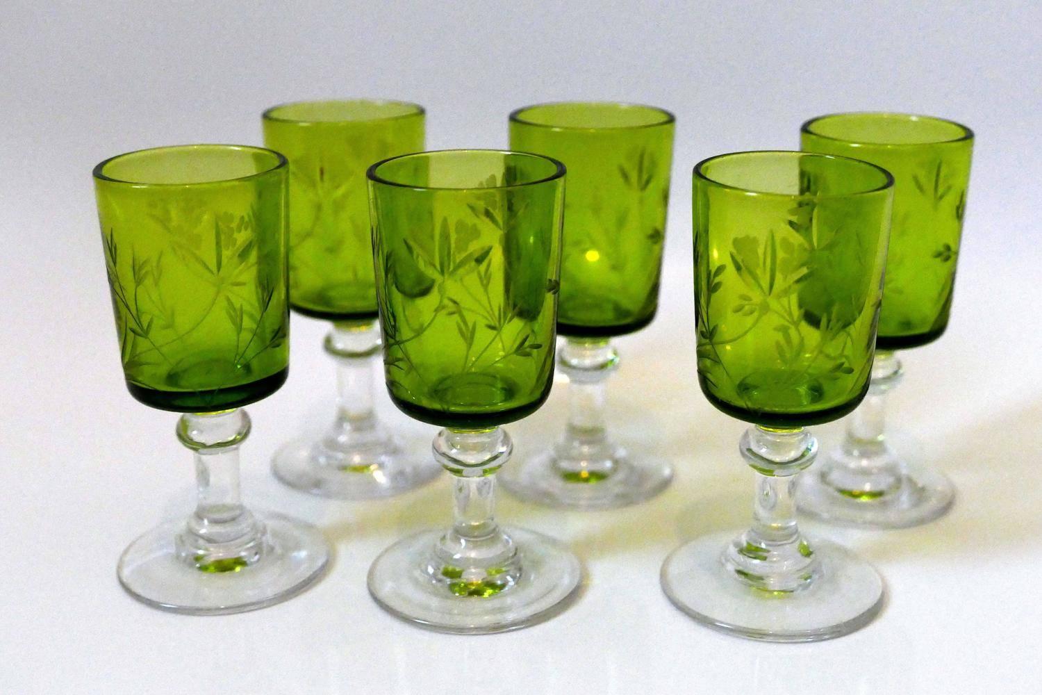 Art Nouveau 1900s St. Louis French Green Cut Crystal Liquor Set, Decanters Pair, Cordials