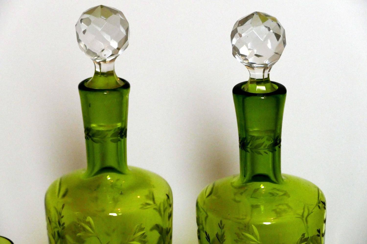 Early 20th Century 1900s St. Louis French Green Cut Crystal Liquor Set, Decanters Pair, Cordials