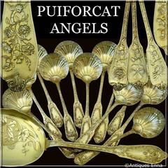 Puiforcat Masterpiece French Sterling Silver 18k Gold Ice cream Set, Box, Putti