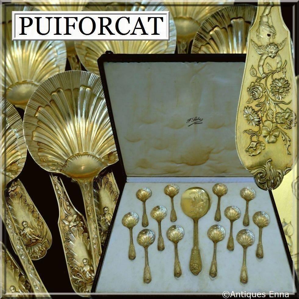 Puiforcat Masterpiece French Sterling Silver 18k Gold Ice cream Set, Box, Putti For Sale 2