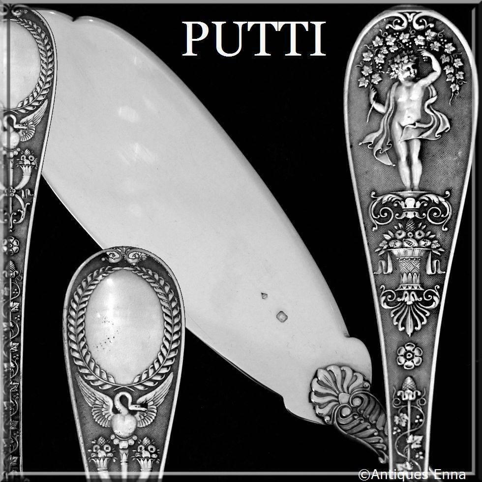 Queille Masterpiece French Sterling Silver Pie, Pastry, Fish Server Swan, Putti 1