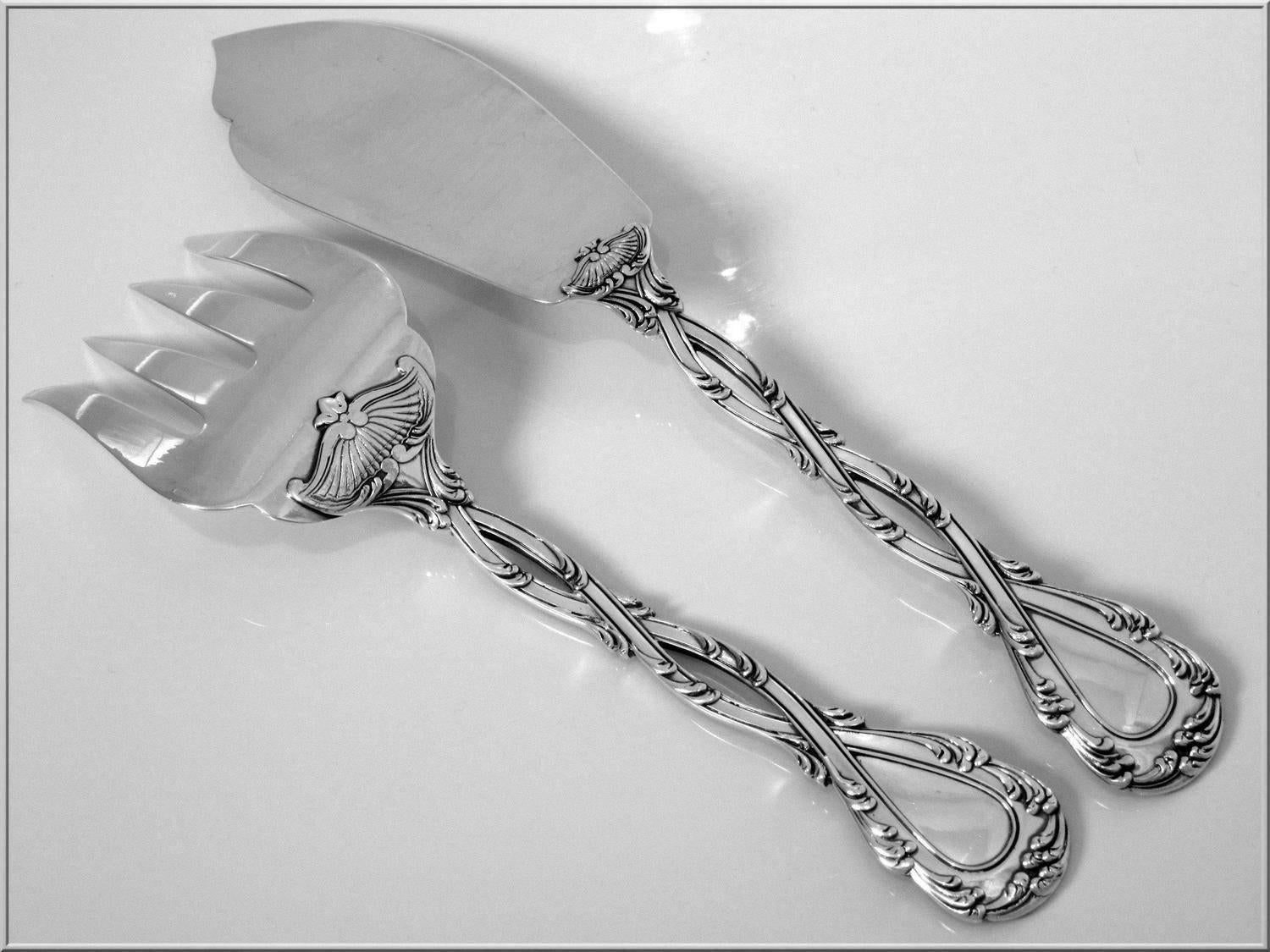 Rococo Odiot Tetard French All Sterling Silver Fish Servers Two-Piece Trianon Pattern For Sale