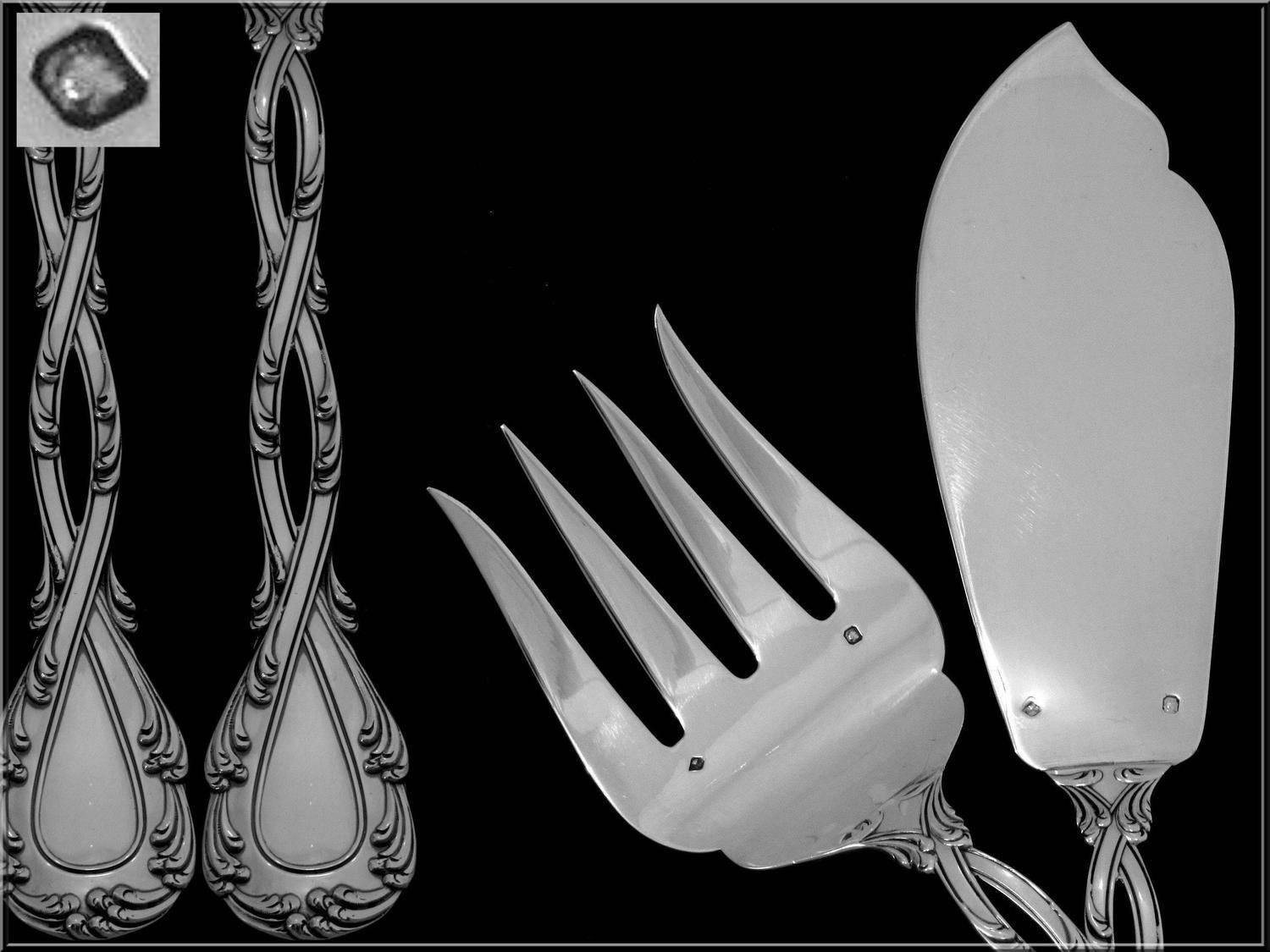 Odiot Tetard French All Sterling Silver Fish Servers Two-Piece Trianon Pattern For Sale 1