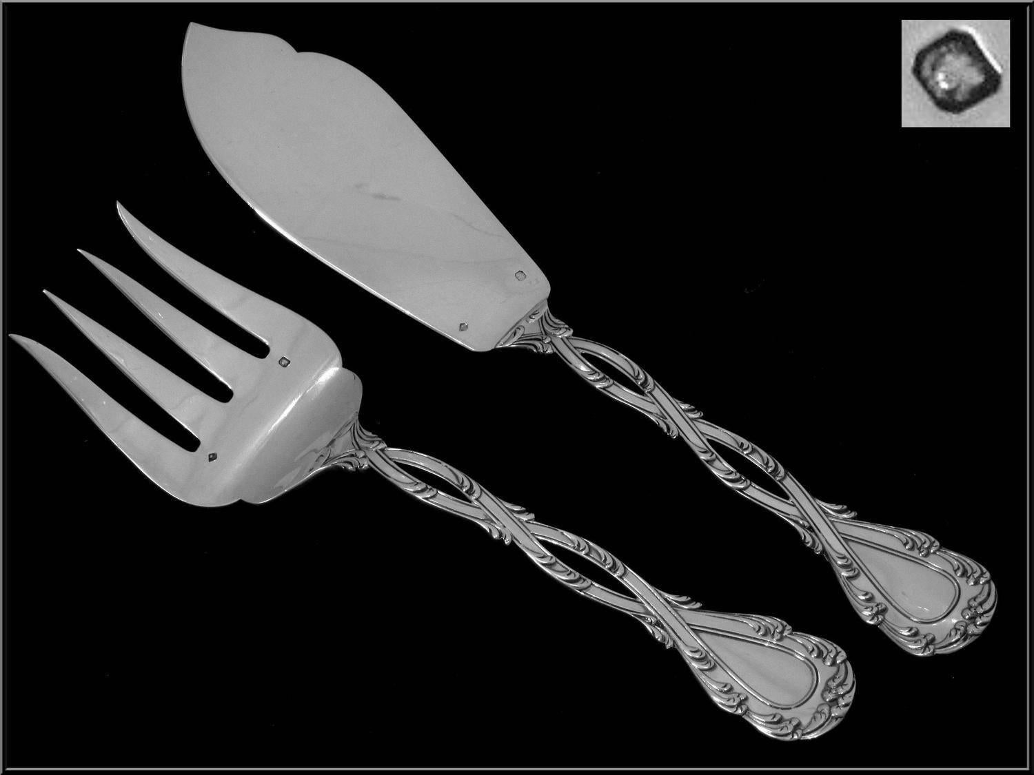 Odiot Tetard French All Sterling Silver Fish Servers Two-Piece Trianon Pattern For Sale 4