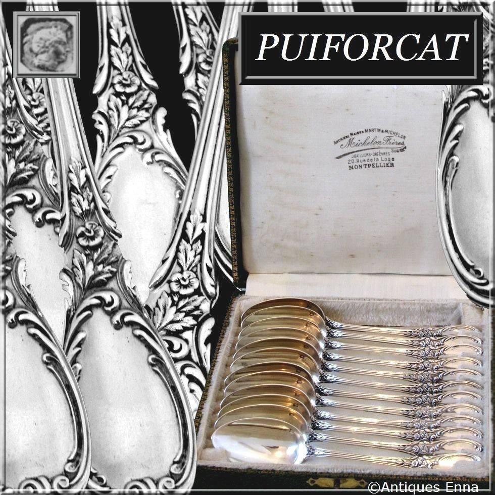 Puiforcat French sterling silver tea/coffee/dessert spoons set of 12 pieces roses box.

Handles have Rococo decoration with a sophisticated foliage decoration. This model is called 