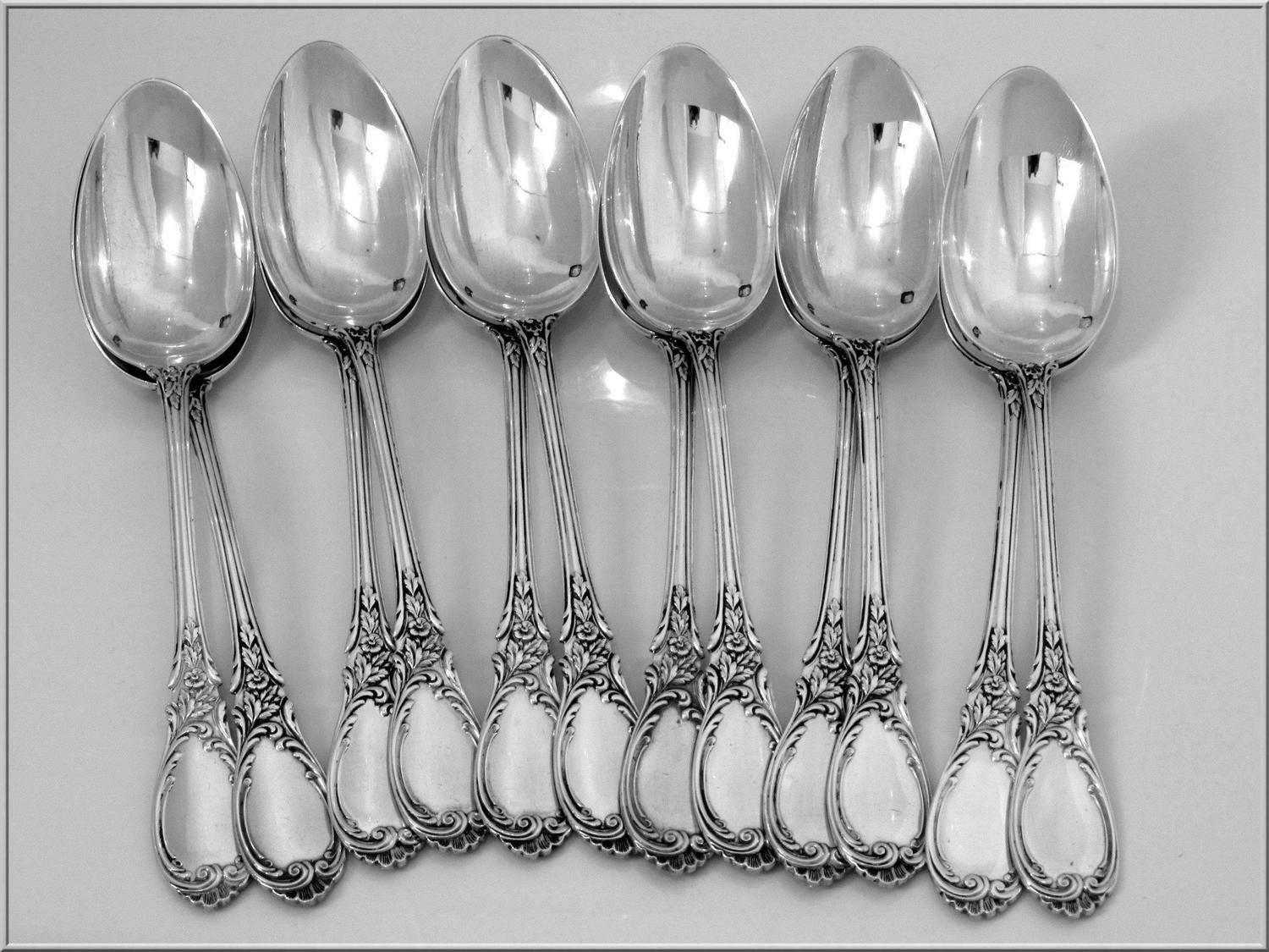 Puiforcat French Sterling Silver Tea/Coffee/Dessert Spoons Set 12 pc Roses Box In Good Condition In TRIAIZE, PAYS DE LOIRE