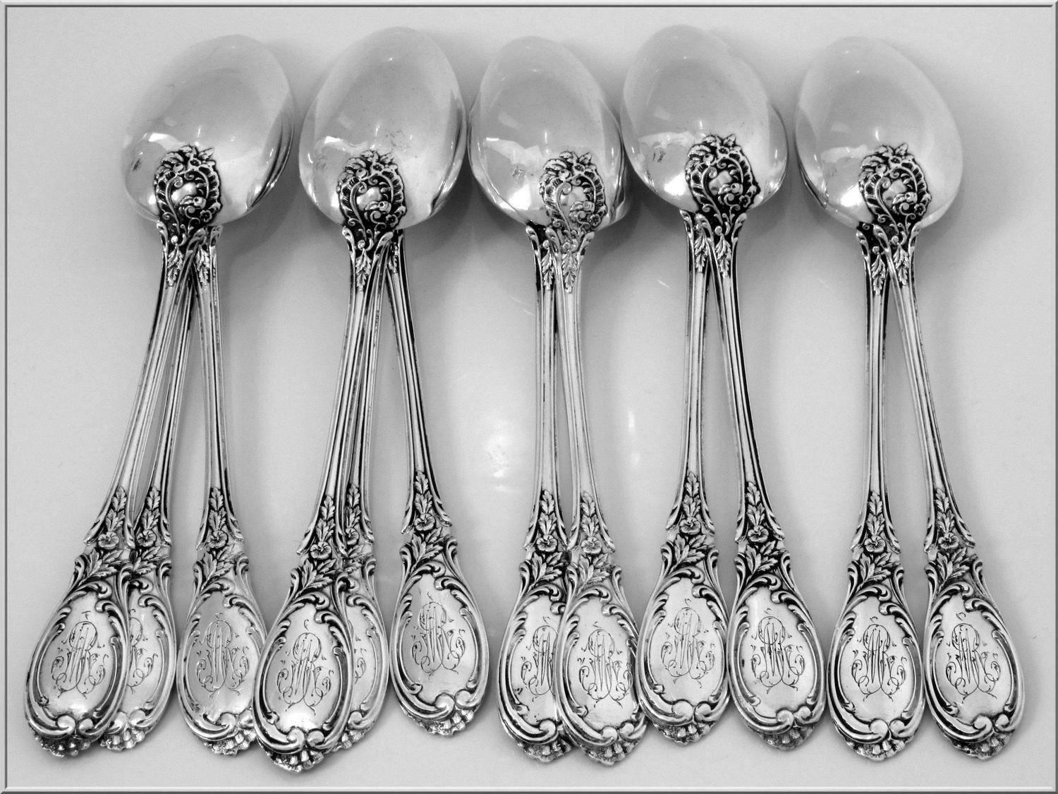 Late 19th Century Puiforcat French Sterling Silver Tea/Coffee/Dessert Spoons Set 12 pc Roses Box