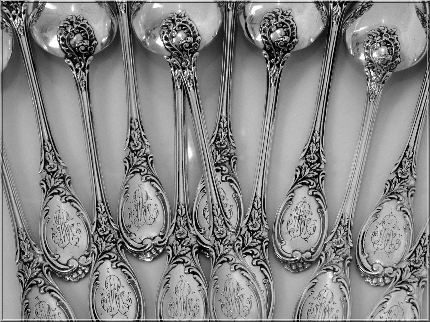Puiforcat French Sterling Silver Tea/Coffee/Dessert Spoons Set 12 pc Roses Box 1