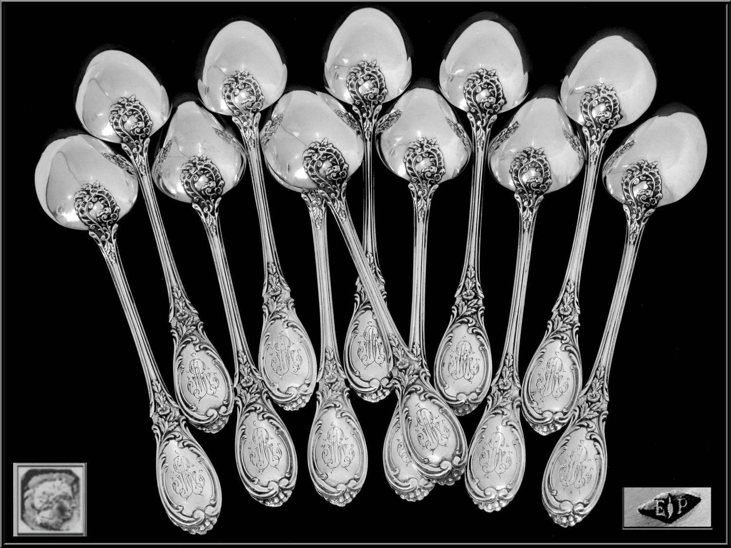 Puiforcat French Sterling Silver Tea/Coffee/Dessert Spoons Set 12 pc Roses Box 2