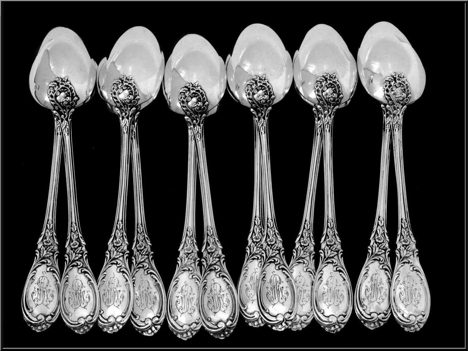Puiforcat French Sterling Silver Tea/Coffee/Dessert Spoons Set 12 pc Roses Box 3