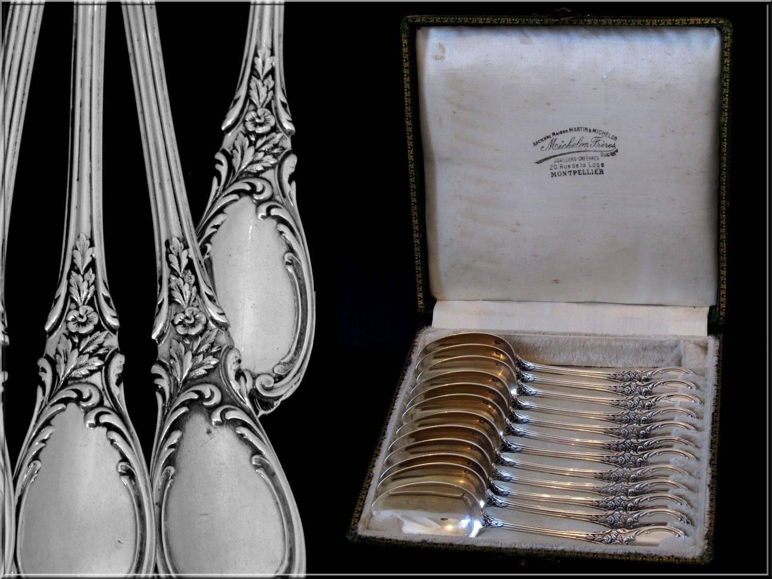 Puiforcat French Sterling Silver Tea/Coffee/Dessert Spoons Set 12 pc Roses Box 4