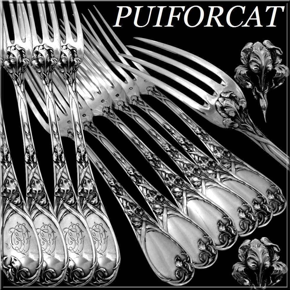 Puiforcat fabulous french sterling silver dinner forks set six pieces Iris. 

Head of Minerve 1st titre for 950/1000 French sterling silver guarantee.

The set have a fantastic Iris motif in Art Nouveau style. Finesse of design and quality of