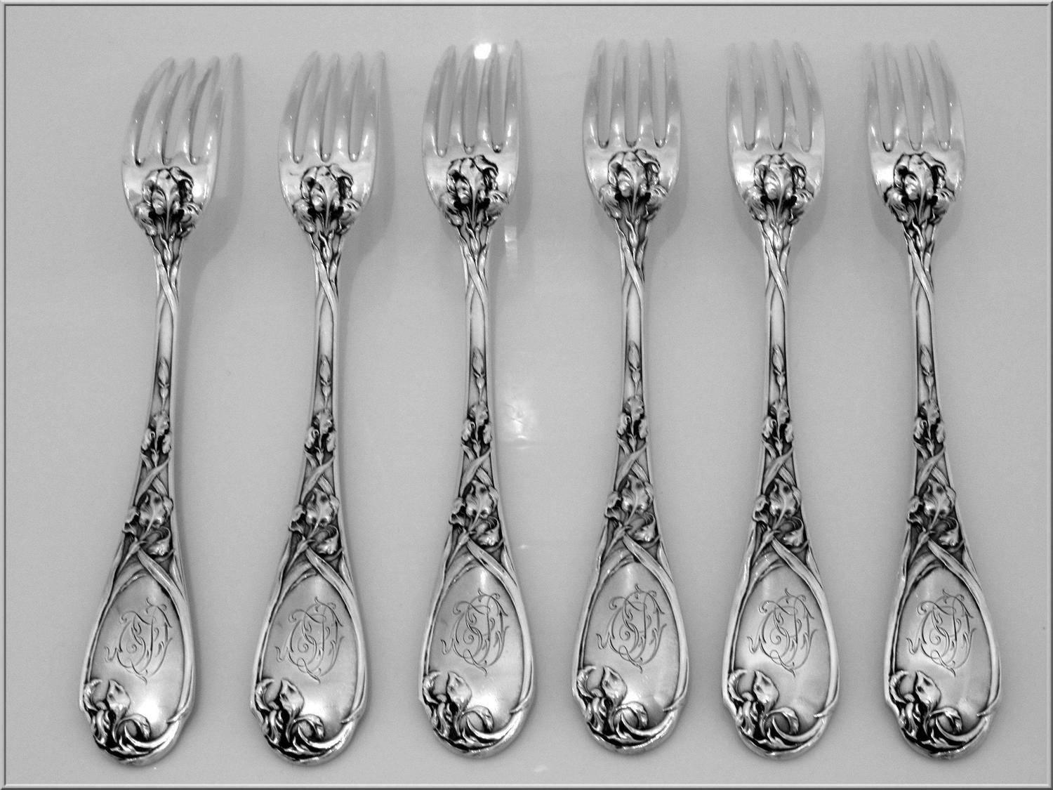 Art Nouveau Puiforcat Fabulous French Sterling Silver Dinner Forks Set Six Pieces Iris