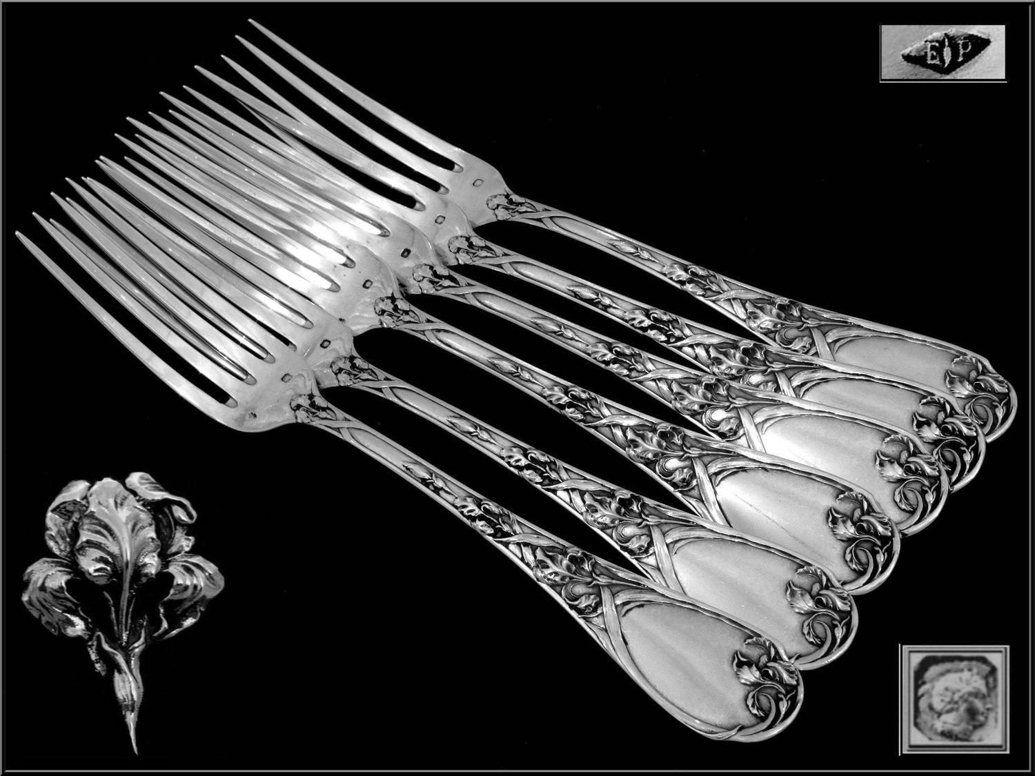 Puiforcat Fabulous French Sterling Silver Dinner Forks Set Six Pieces Iris 1
