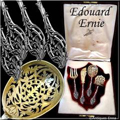 Ernie French All Sterling Silver 18K Gold Dessert Hors D'oeuvre Set with Box