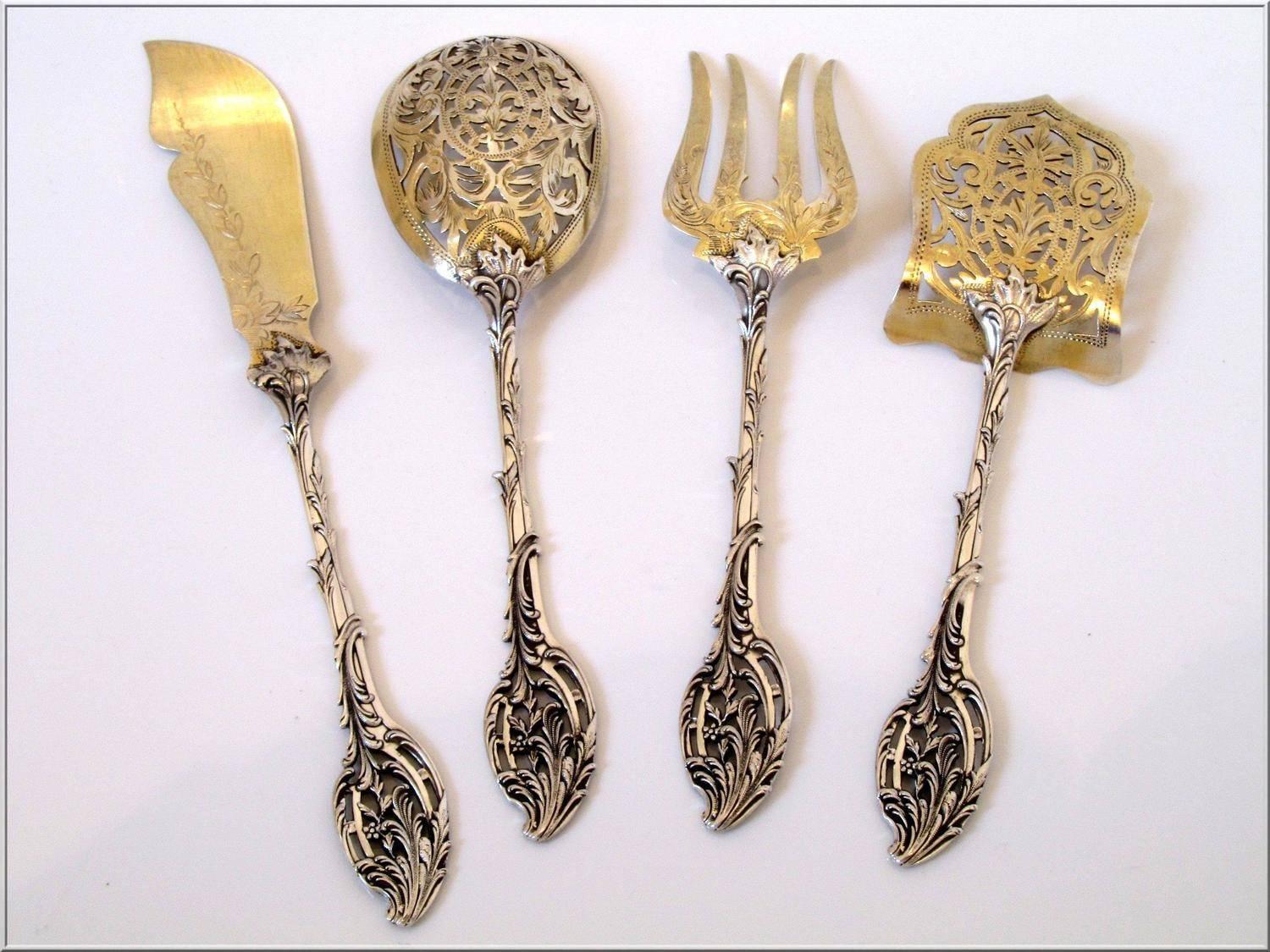 Late 19th Century  Ernie French All Sterling Silver 18K Gold Dessert Hors D'oeuvre Set with Box For Sale