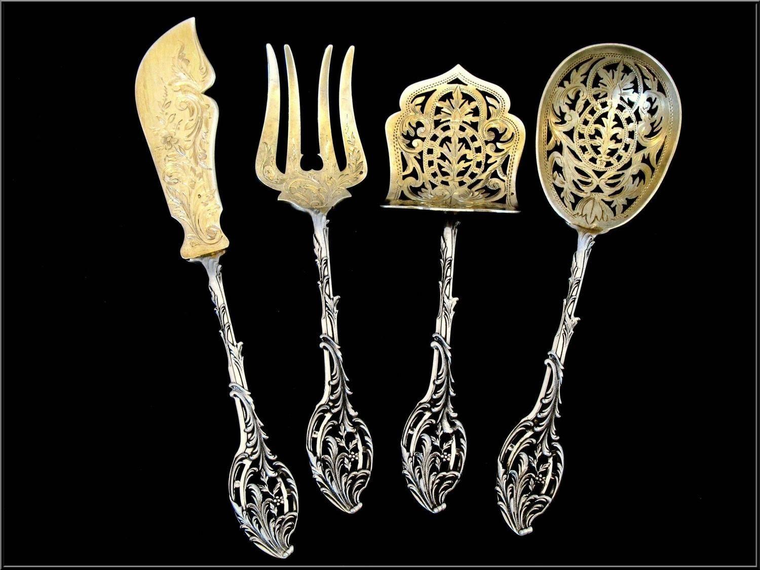  Ernie French All Sterling Silver 18K Gold Dessert Hors D'oeuvre Set with Box For Sale 1