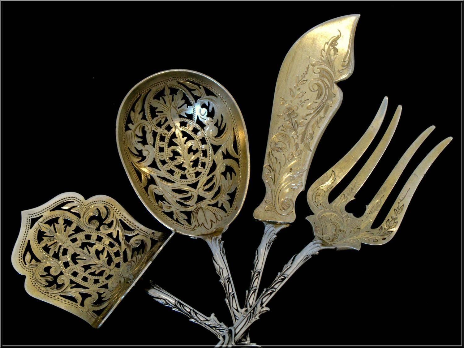  Ernie French All Sterling Silver 18K Gold Dessert Hors D'oeuvre Set with Box For Sale 4