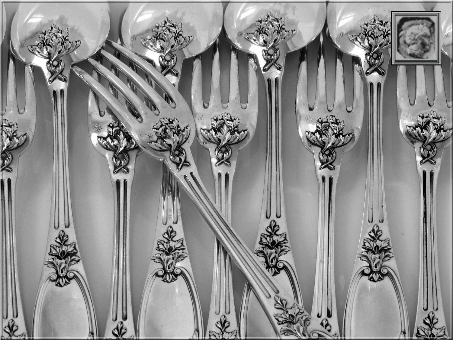 Late 19th Century Henin Gorgeous French Sterling Silver Dinner Flatware Set of 12 Pc Neoclassical For Sale
