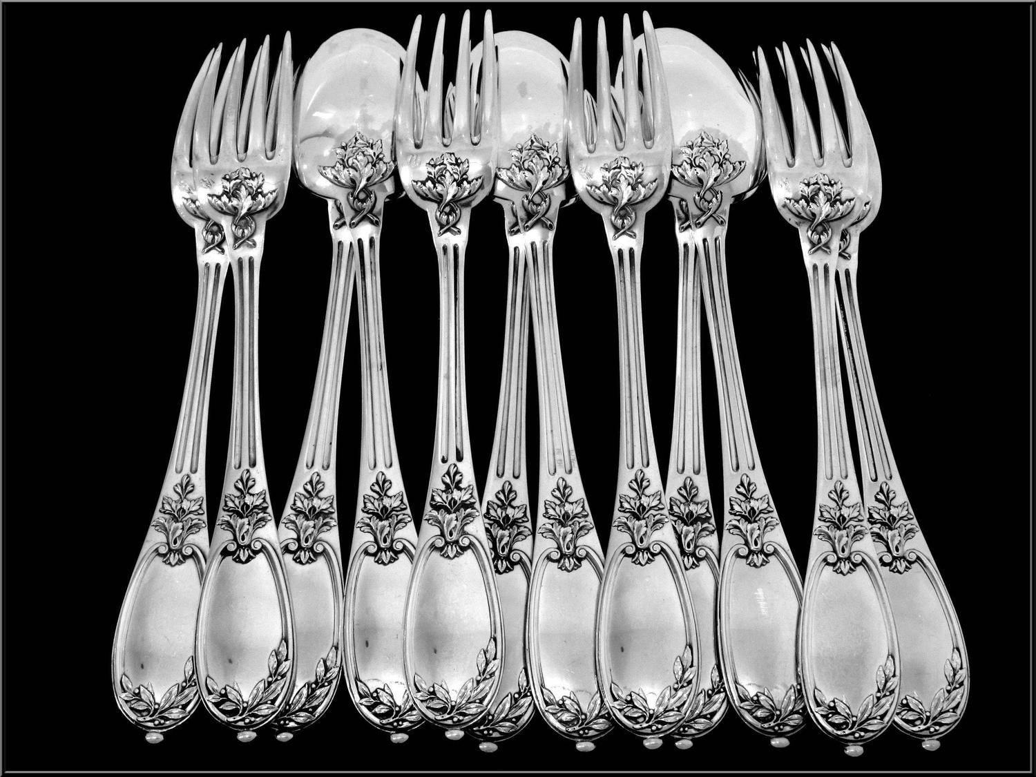 Henin Gorgeous French Sterling Silver Dinner Flatware Set of 12 Pc Neoclassical For Sale 1
