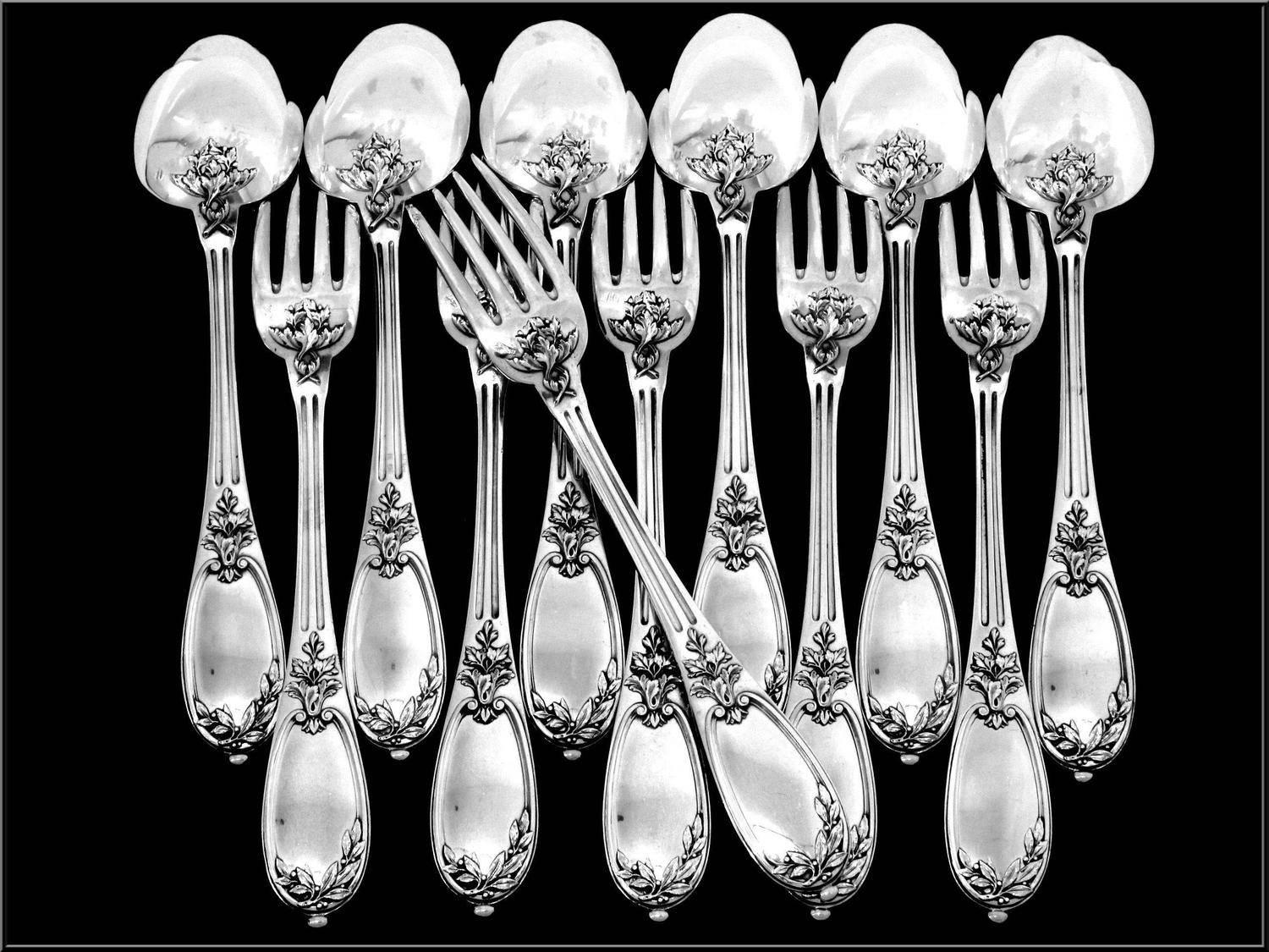 Henin Gorgeous French Sterling Silver Dinner Flatware Set of 12 Pc Neoclassical For Sale 2