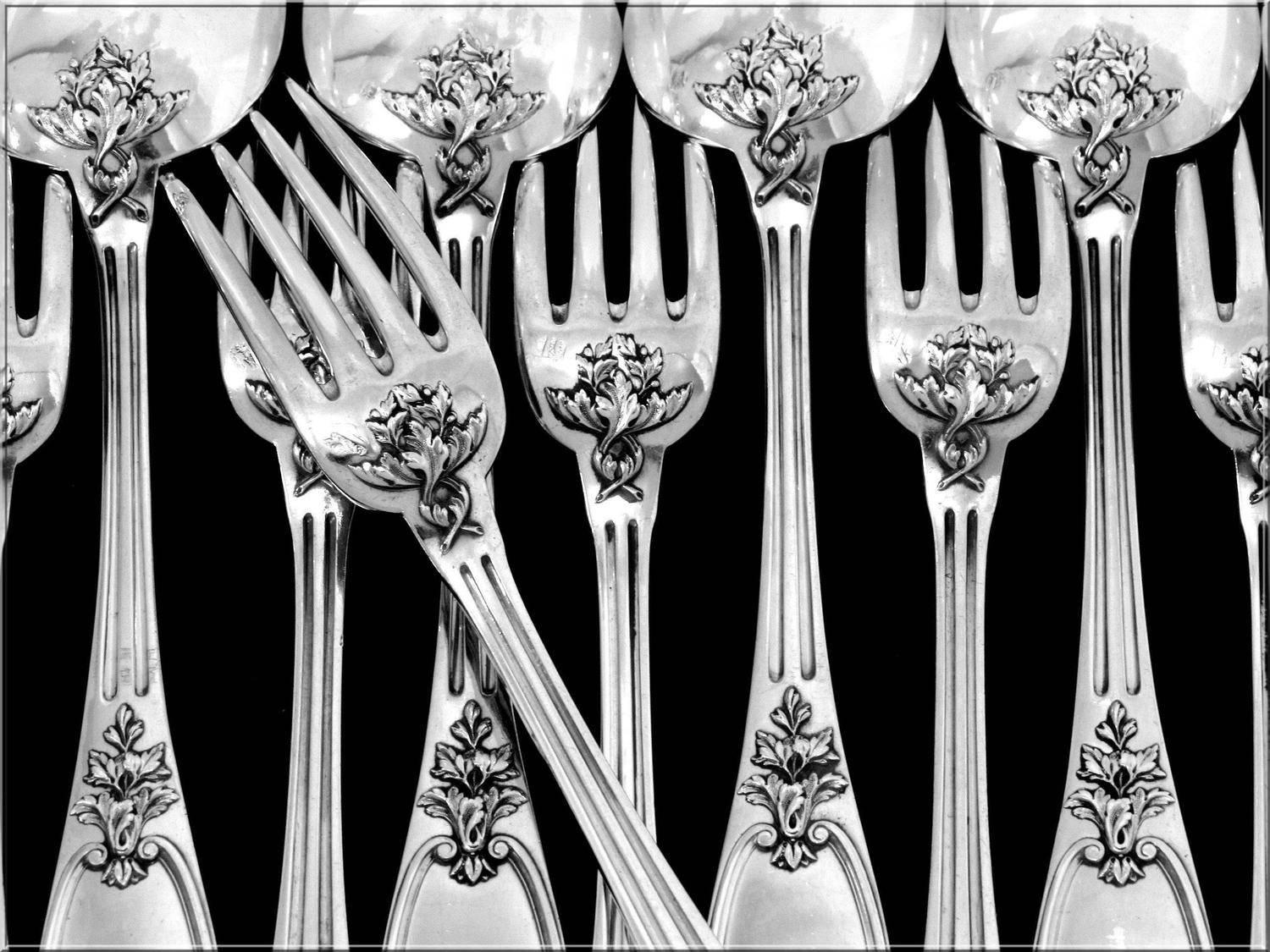 Henin Gorgeous French Sterling Silver Dinner Flatware Set of 12 Pc Neoclassical For Sale 3